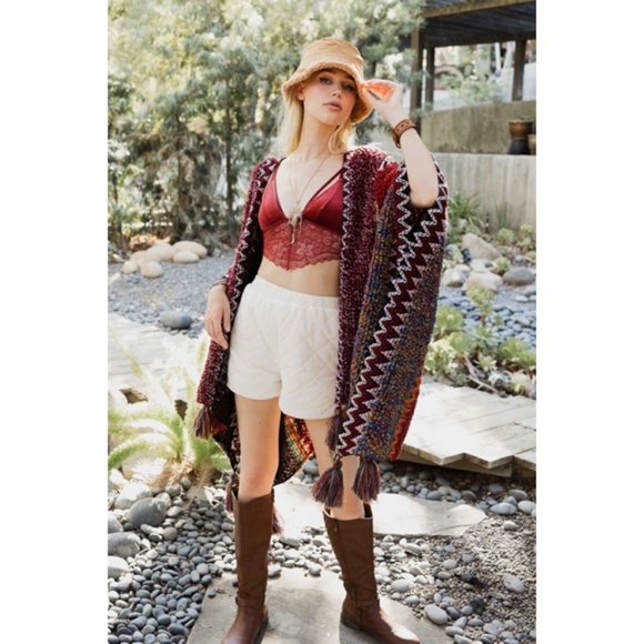 Maroon Knit Colorful Crochet Patterned Ruana Open Fall Winter Sweater Wrap - Picture 1 of 2